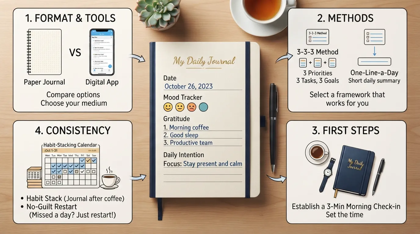 An organized desk setup displaying an open daily journal book with written entry lines, a pen, a cup of coffee, and a visual four-step habit flowchart highlighting starting, choosing a method, writing daily, and building consistency.