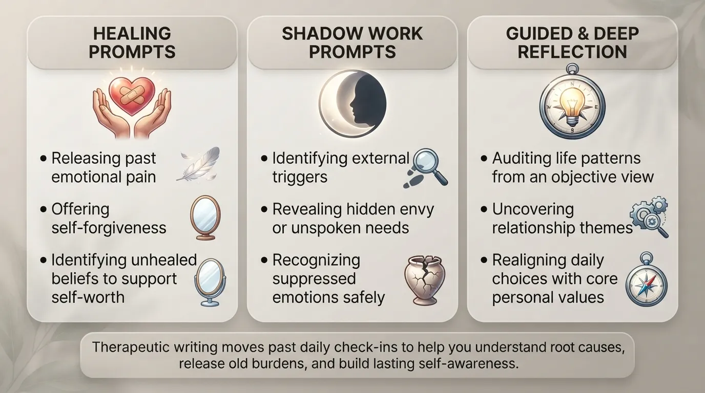 Infographic illustrating three therapy-style journaling pathways: healing prompts for past pain, shadow work prompts for hidden emotions, and deep reflection prompts for behavior patterns.