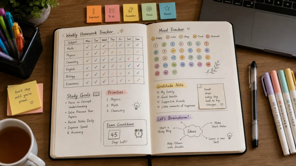 A student's open creative diary on a desk showing bullet points for homework tracking, daily mood doodles, study goals, and exam prep notes.