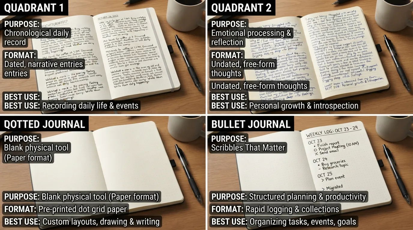 A side-by-side comparison infographic displaying a personal daily diary, an expressive reflection journal, a blank A5 5mm dotted journal notebook, and a structured bullet journal spread with rapid logging symbols.
