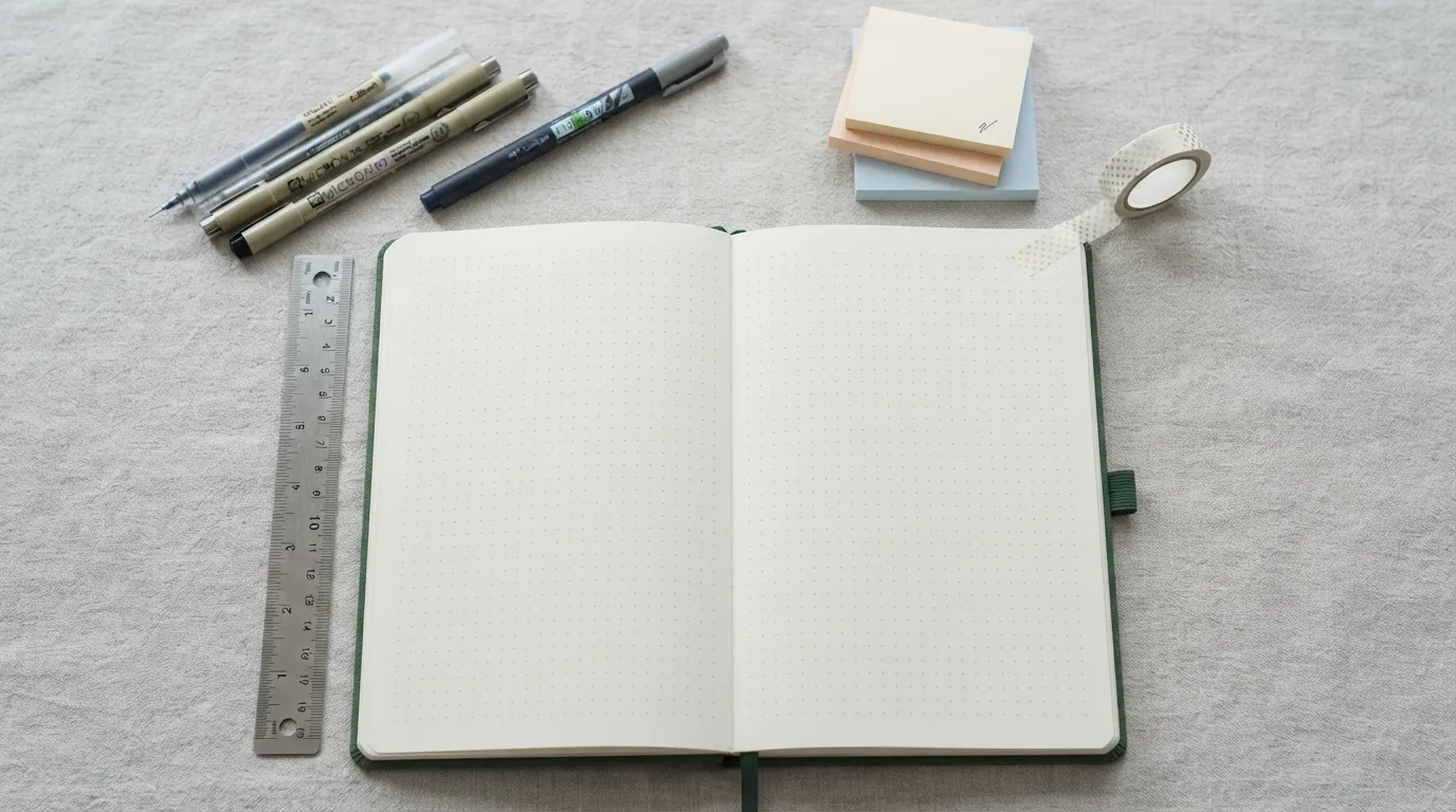 A top-down view of a complete beginner dotted journaling kit, featuring an open A5 dot grid notebook, fine-point gel pens, a metal ruler, and simple sticky notes neatly arranged on a clean wooden table.