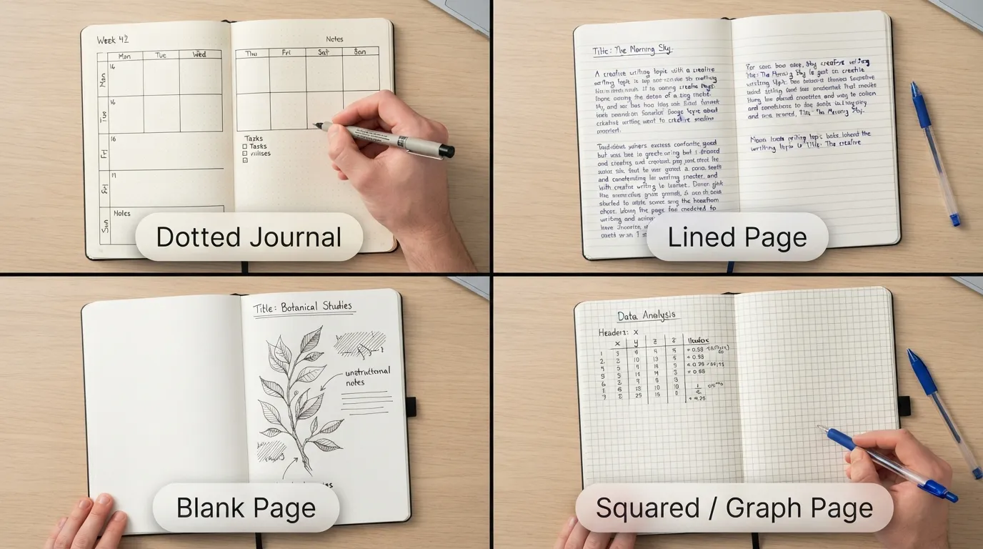 Side-by-side comparison of a dotted journal grid next to lined, blank, and squared grid notebook pages showing writing and layout flexibility.