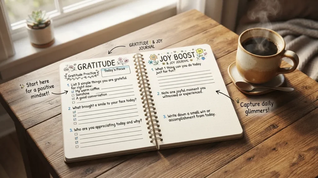 An open journal page listing thoughtful gratitude and joy prompts alongside a pen, a warm cup of tea, and handwritten notes about daily appreciation.