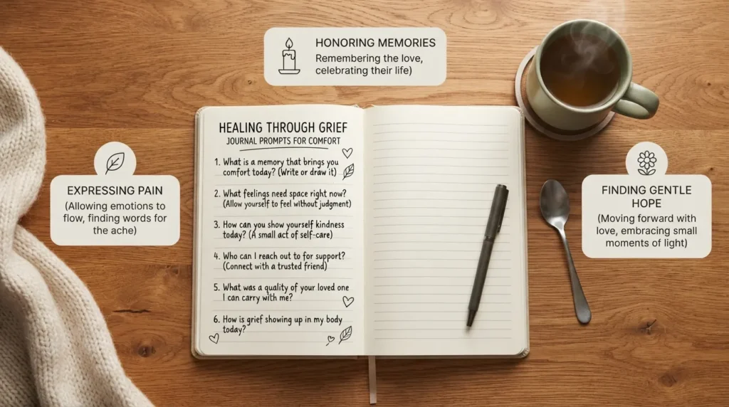 An open journal with written prompts for grief and loss, sitting on a wooden table beside a warm cup of tea and a small photo frame.