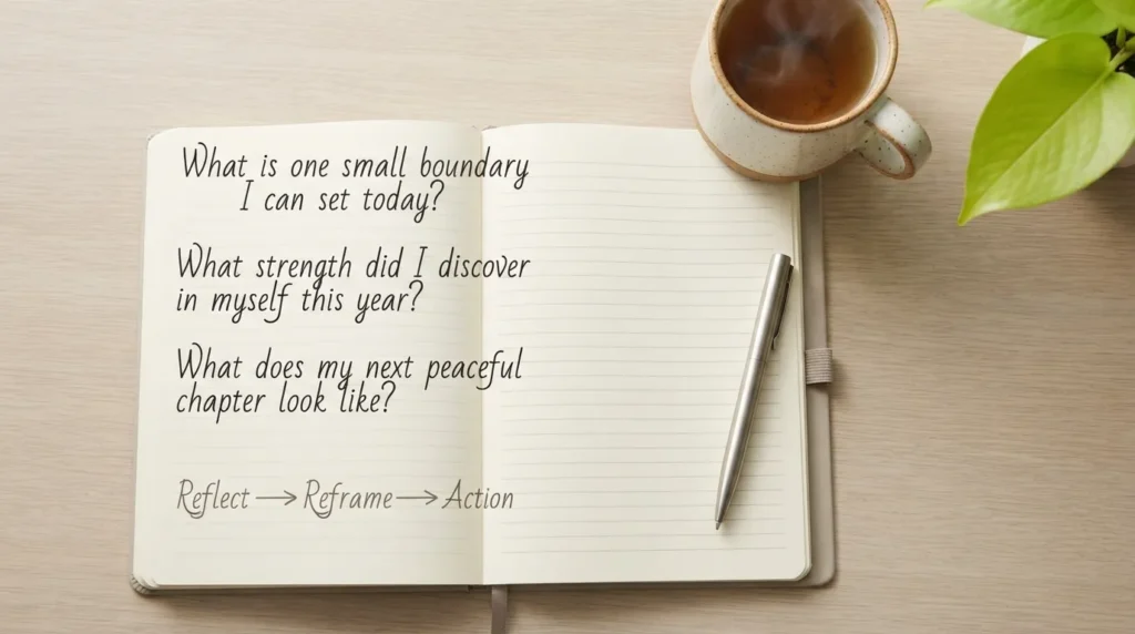 An open notebook with written prompts for personal growth surrounded by a pen, warm tea, and subtle natural lighting, summarizing actionable steps for moving forward.