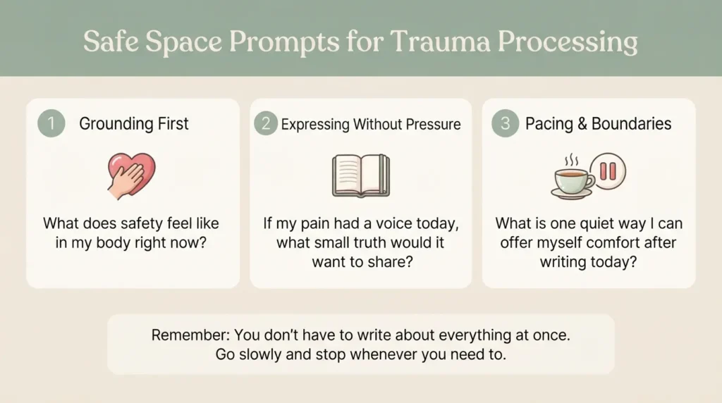 A calm, step-by-step visual guide outlining gentle journal prompts for processing trauma safely and grounded in self-care.