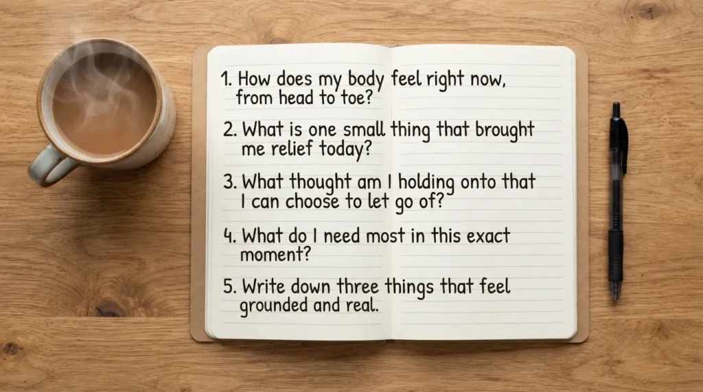 Open journal on a wooden table displaying five simple mental health writing prompts next to a cup of tea and a pen.