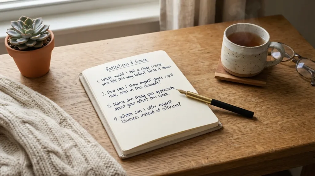 A person writing gently in a journal beside a warm cup of tea, with open pages showing gentle self-compassion journal prompts for self-acceptance and emotional healing.