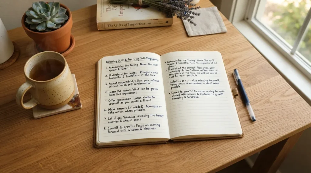An open notebook on a wooden table displaying handwritten healing journal prompts focused on self-forgiveness and letting go, placed next to a quiet cup of tea.