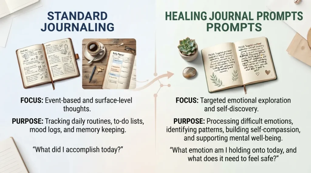 Side-by-side comparison diagram showing the differences between regular journaling for daily thoughts and healing journal prompts for deep emotional processing.