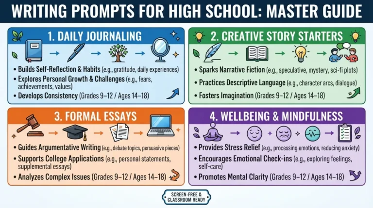 An infographic overview summarizing 200 plus writing prompts for high school students, featuring journal, creative fiction, essay, and mindfulness categories.
