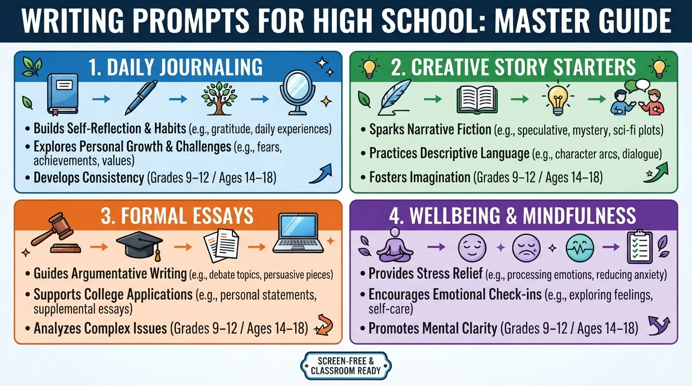 An infographic overview summarizing 200 plus writing prompts for high school students, featuring journal, creative fiction, essay, and mindfulness categories.