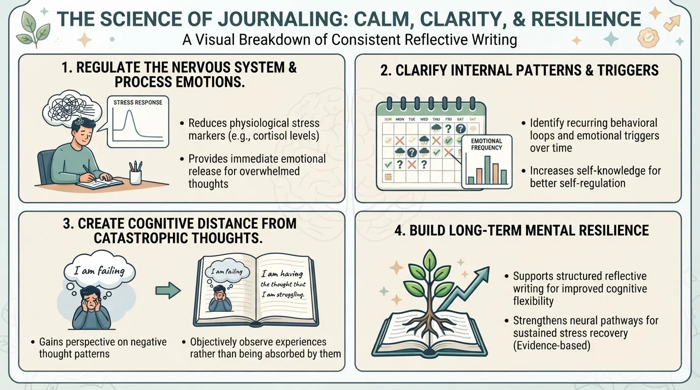 An infographic illustrating four key mental health benefits of journaling: processing emotions, building self-awareness, creating emotional distance from stress, and strengthening long-term psychological resilience.