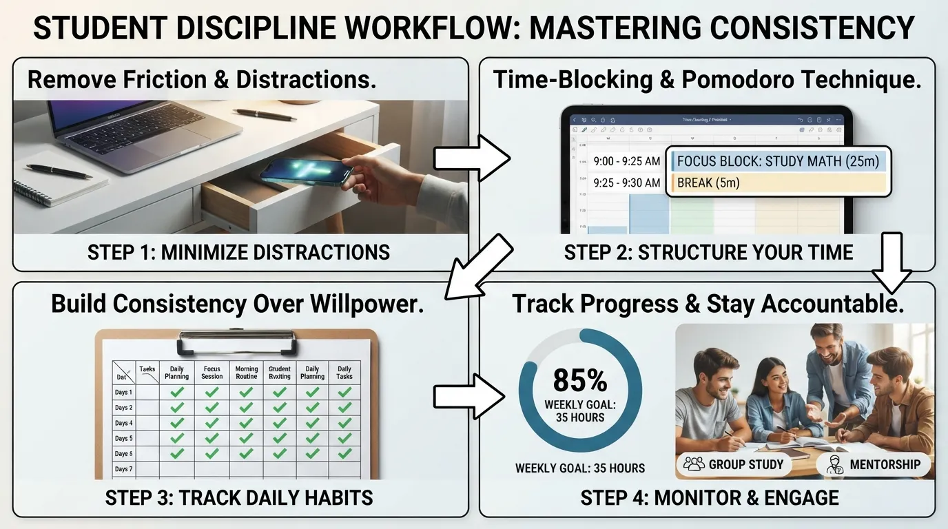 Infographic showing a step-by-step visual system for students and self-learners to build self-discipline, including time blocking, environment design, and daily habit tracking.