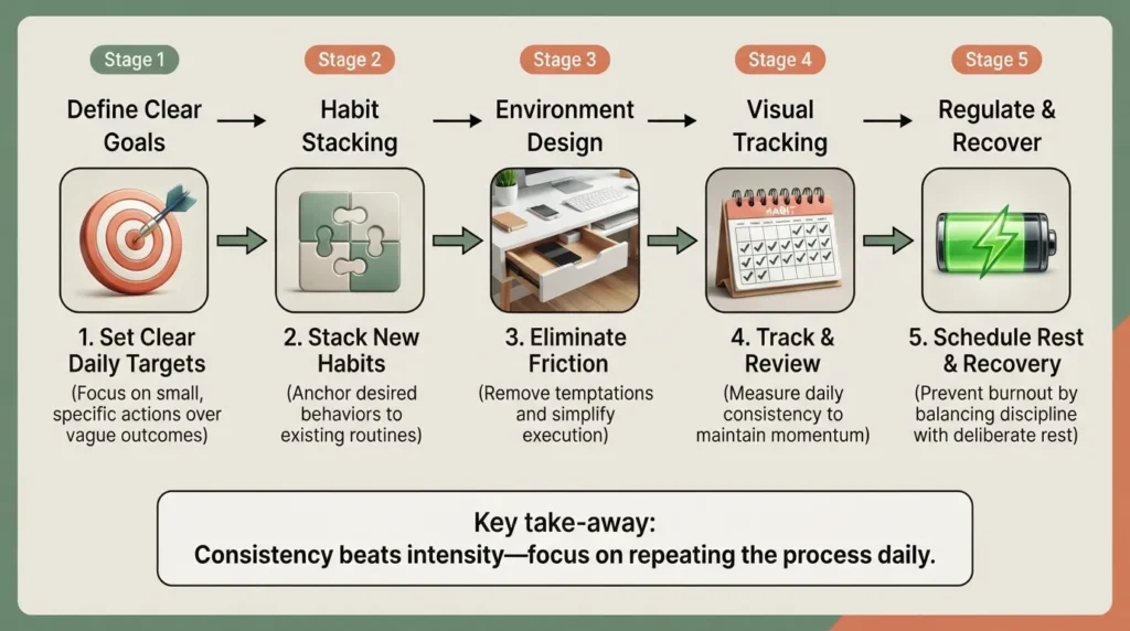 Infographic detailing a 5-step framework to build self-discipline, showing daily goal setting, habit stacking, friction reduction, tracking progress, and structured recovery.