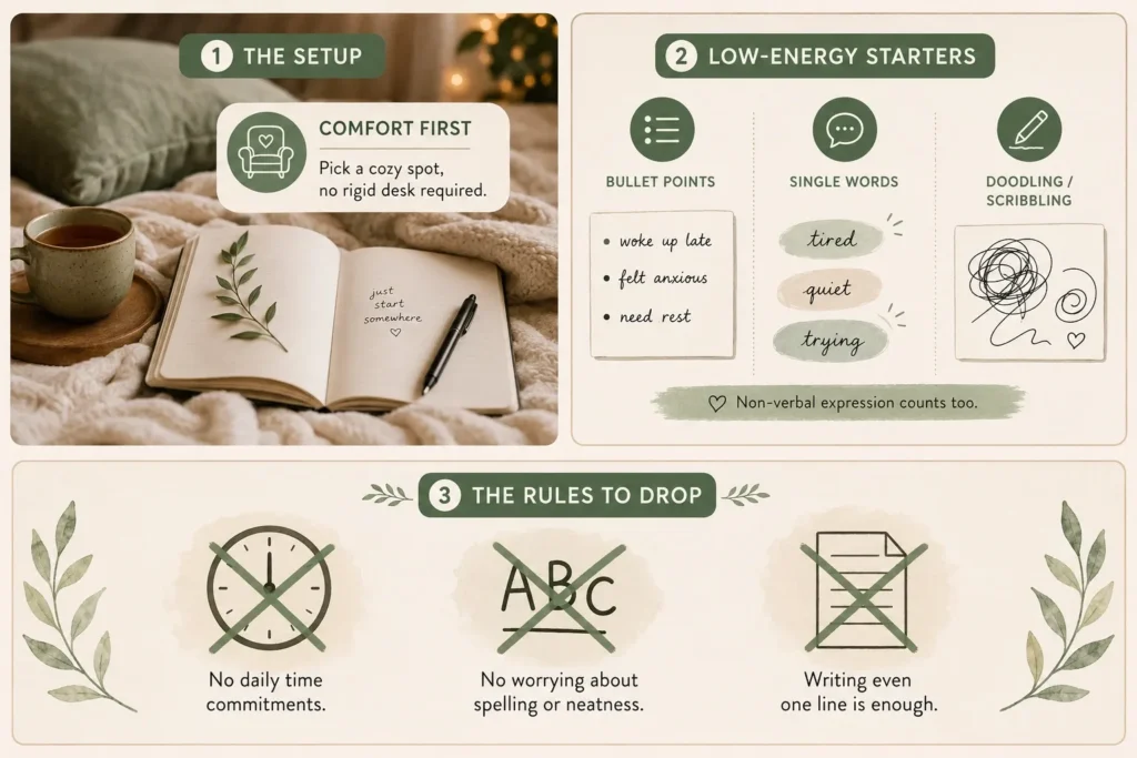 A step-by-step visual infographic showing simple, gentle ways to journal during depression, including starting with low-energy bullet points, setting a timer, and ditching rigid rules.
