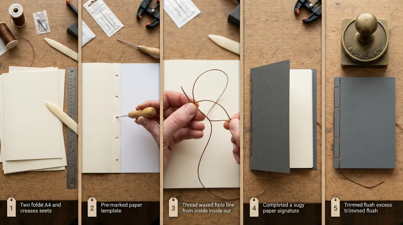 A step-by-step visual overview of binding a handmade journal using a 3-hole pamphlet stitch with waxed thread, bone folder, and awl.