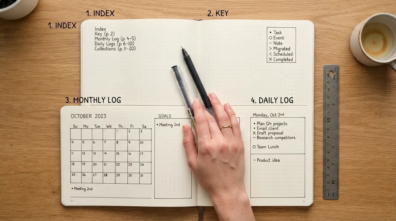 A top-down view of an open dotted grid journal layout showing a step-by-step setup featuring an index page, key legend, monthly spread, and daily bullet list on an A5 notebook page.