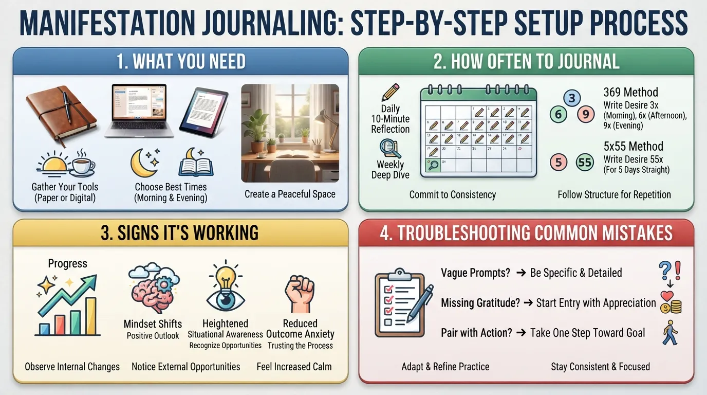 A step-by-step visual roadmap showing how to start a manifestation journal, featuring essential setup tools, best time of day, routine frequency methods, success signs, and quick troubleshooting tips.