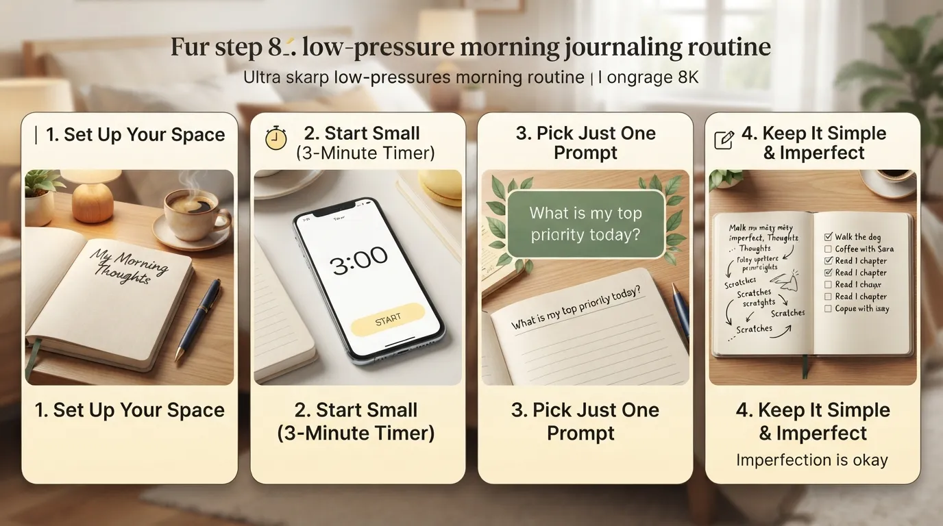 Infographic showing four beginner-friendly steps to start a daily morning journaling habit, including setting up a journal, writing for three minutes, picking one prompt, and keeping it simple.