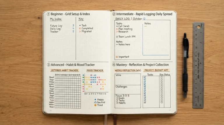 A step-by-step visual guide showing how to use a dotted journal from beginner page setups to advanced bullet logging and custom spreads.