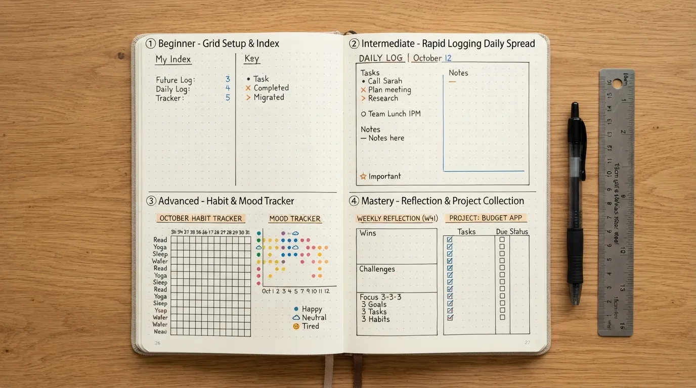 A step-by-step visual guide showing how to use a dotted journal from beginner page setups to advanced bullet logging and custom spreads.