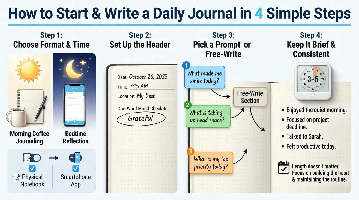 Infographic showing a step-by-step process for starting a daily journal, including choosing a format, setting up the first page with date and mood, writing using simple prompts, and keeping entries brief.