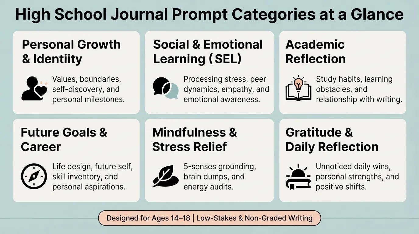 Infographic showing six distinct categories of high school journal prompts, including Personal Growth, Social Emotional Learning, Future Goals, Academic Reflection, Gratitude, and Mindfulness.