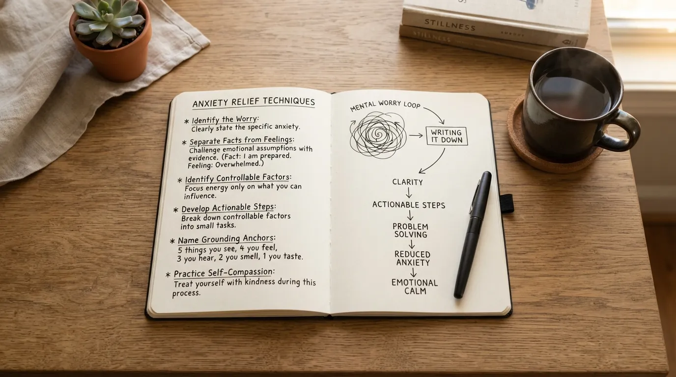 A cozy personal workspace with a real open notebook displaying structured anxiety relief journal prompts, a ballpoint pen, and a warm cup of tea on a wooden desk.