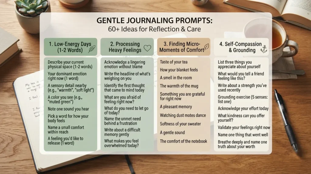 Open journal resting on a wooden desk next to a cup of tea, displaying gentle writing prompts for low-energy and heavy days.