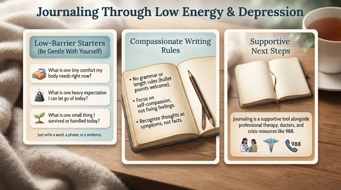 Infographic showing gentle journal prompts and low-barrier writing techniques for managing depression and emotional heavy moods.