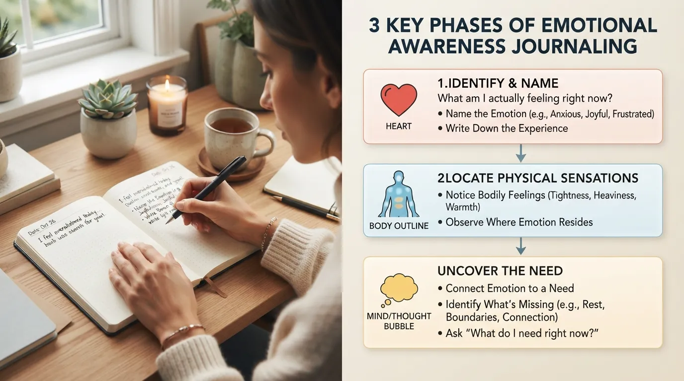 An open journal displaying prompts for emotional awareness, showing step-by-step questions to identify feelings, physical body sensations, and underlying emotional needs.