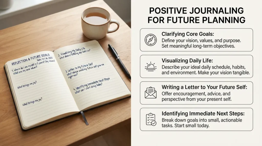 A cozy desk setup showing an open journal with handwritten goal prompts, a pen, a cup of tea, and a sticky note featuring future self reflections.