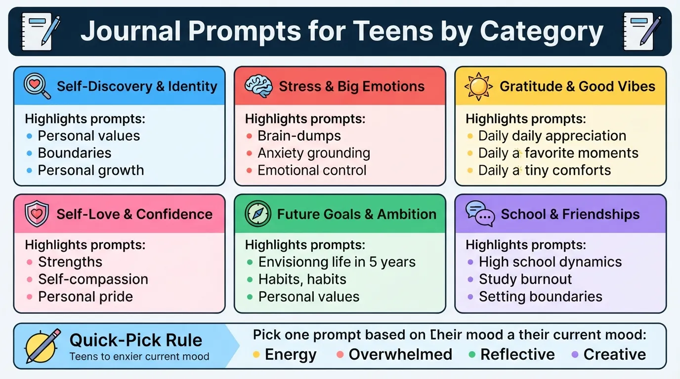 Categorized breakdown of journal prompts for teenagers including self-discovery, stress relief, gratitude, confidence, goals, and school life.