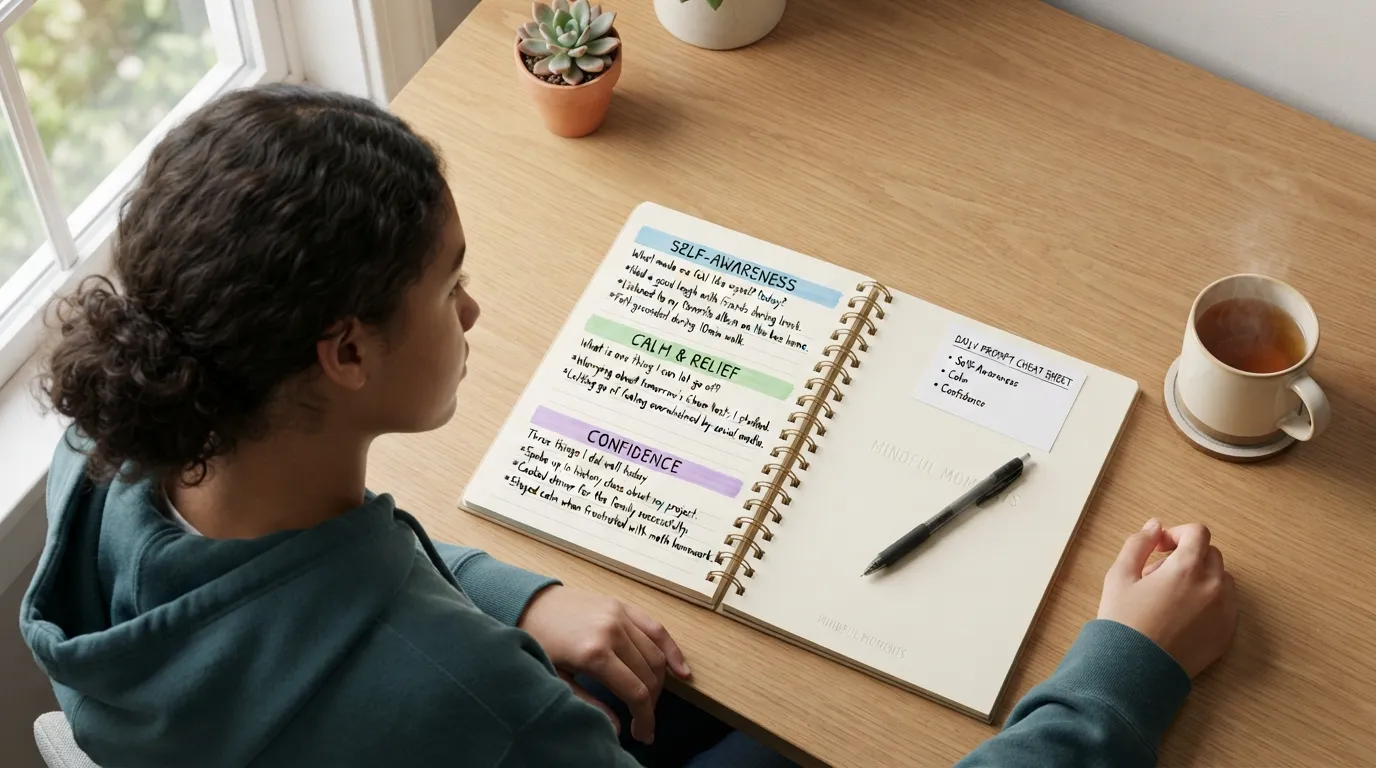 A teenager sitting comfortably at a desk, opening a spiral notebook with a list of color-coded daily journal prompts for self-awareness, emotional calm, and personal confidence.