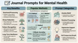 Infographic detailing mental health journaling benefits, prompt categories like anxiety and self-compassion, and daily writing methods.