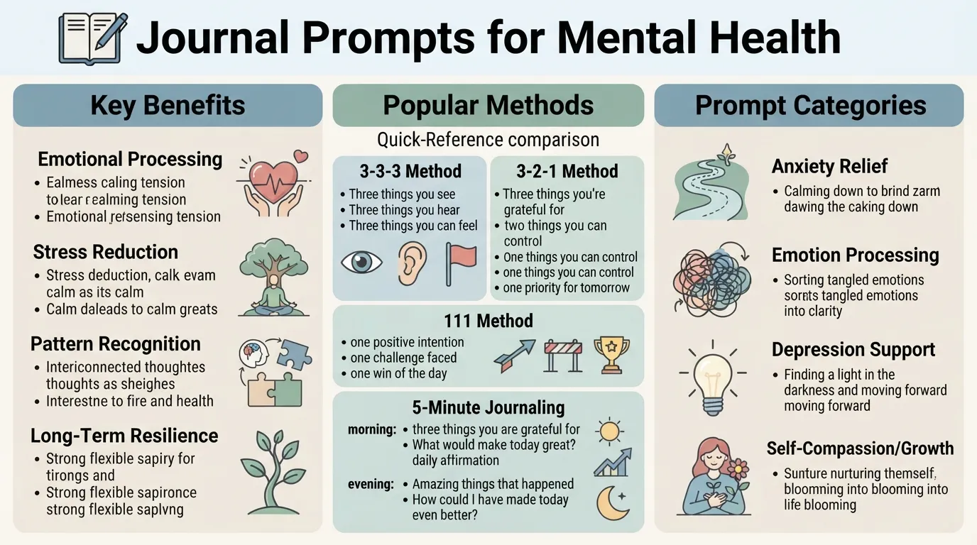 Infographic detailing mental health journaling benefits, prompt categories like anxiety and self-compassion, and daily writing methods.
