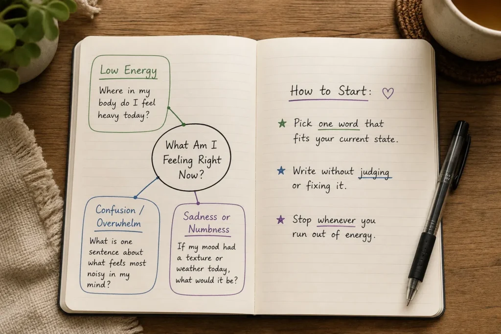 An open paper journal resting on a wooden desk alongside a pen, featuring a visual mind map connecting simple writing prompts to different emotional states like low energy, confusion, and sadness.