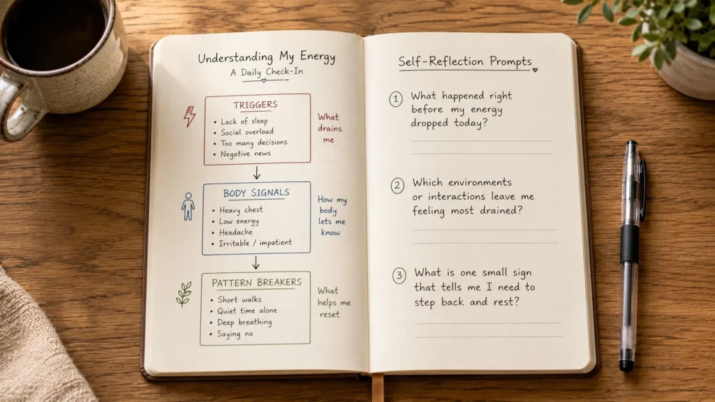 A cozy journal lying open on a wooden table alongside a pen, displaying a flow chart that maps emotional triggers, daily patterns, and mental health reflection prompts.