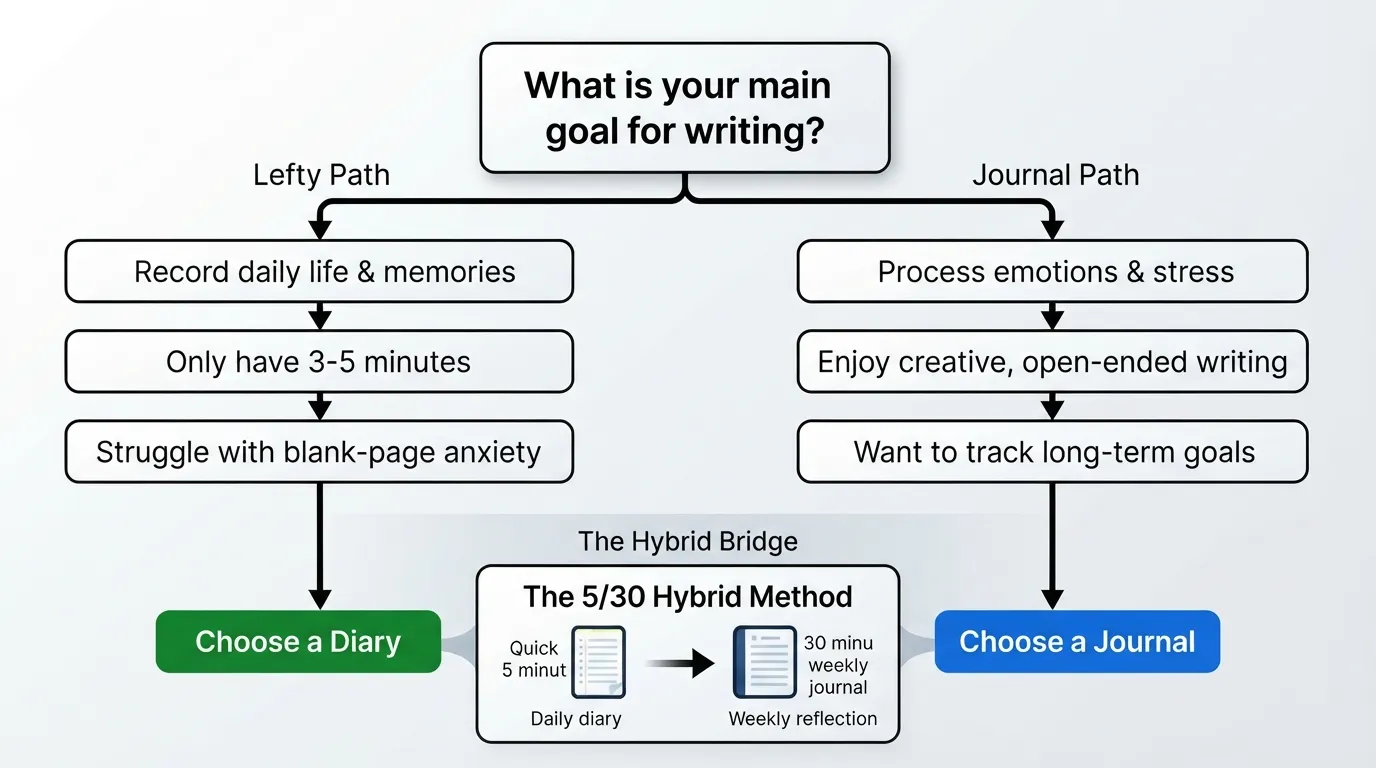 Flowchart decision guide helping users choose between starting a journal, keeping a diary, or using a hybrid writing method based on their personal goals.