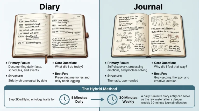 Side-by-side visual comparison chart showing the primary differences between a personal diary and a reflective journal, highlighting focus, style, and structure.