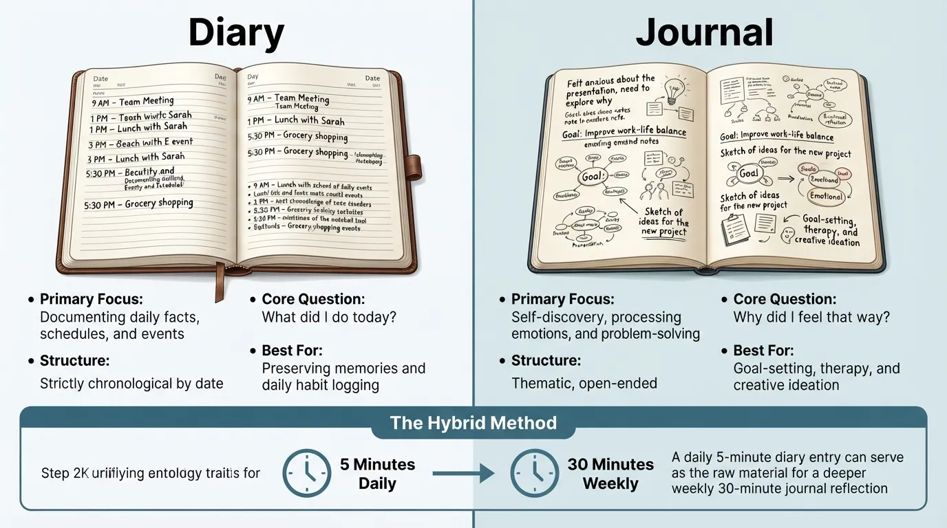 Side-by-side visual comparison chart showing the primary differences between a personal diary and a reflective journal, highlighting focus, style, and structure.