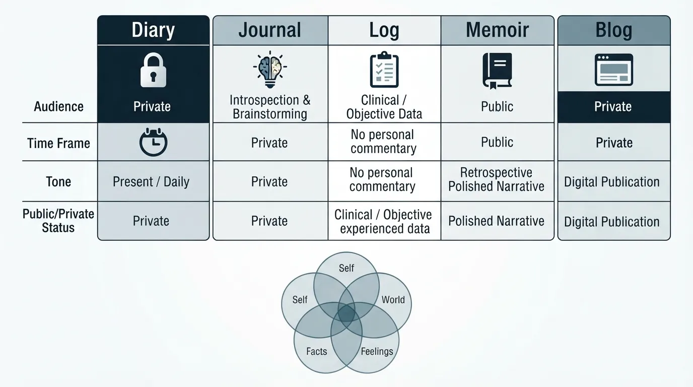 Comprehensive visual comparison chart showing the overlaps and key differences between a diary, journal, log, memoir, and blog across target audience, time frame, tone, and privacy levels.