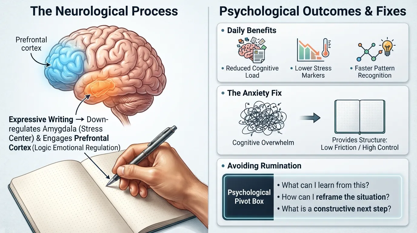 Infographic diagram showing how expressive writing and daily journaling impact mental health, depicting reduced amygdala activity, stress lowering, and psychological benefits of dot grid journaling for anxiety.
