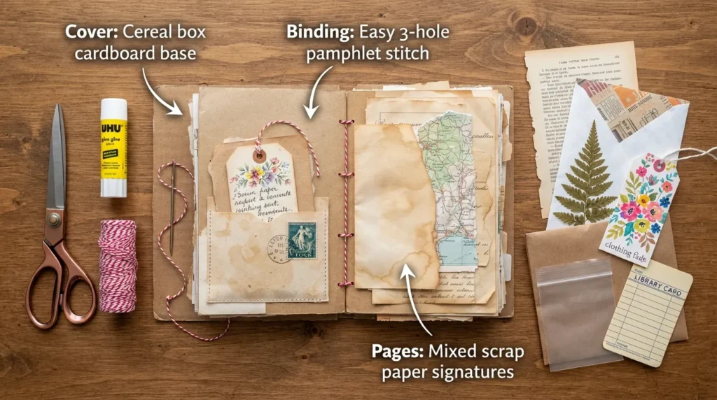 A flat-lay layout of beginner junk journal supplies including folded paper signatures, scrap fabric, glue, dried flowers, and a simple hand-bound notebook.