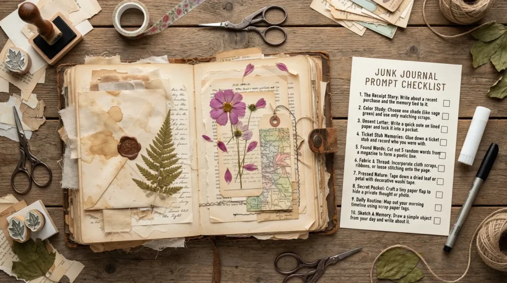 A flat lay infographic showing an open junk journal surrounded by craft supplies alongside a written checklist of beginner junk journaling prompts.