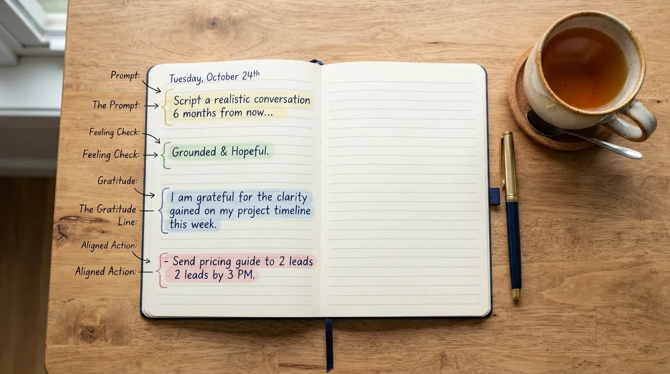 Overhead photo of an open handwritten manifestation journal showing a real daily entry broken down into prompt, feeling check, gratitude line, and aligned action steps.