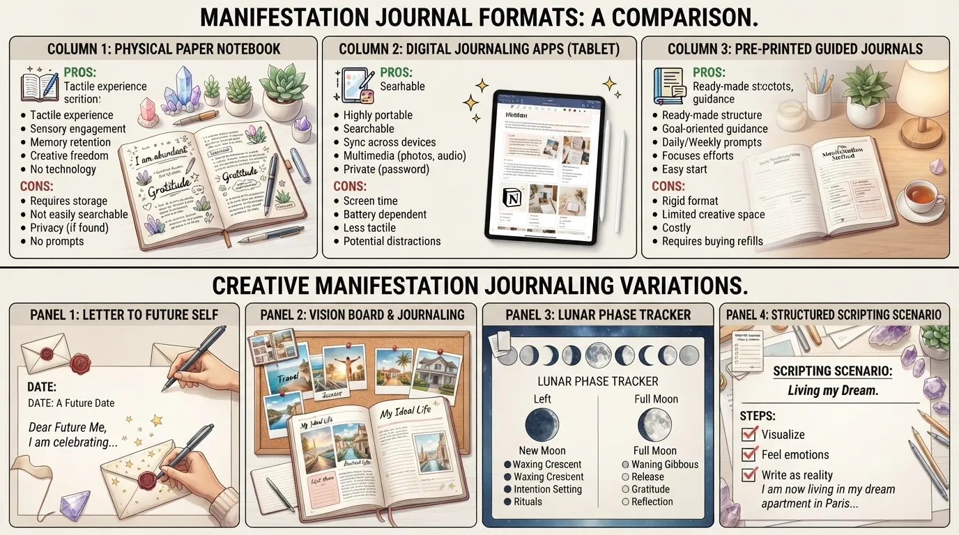 Comparison chart of manifestation journal formats showing paper notebooks, digital apps, guided journals, and creative writing techniques