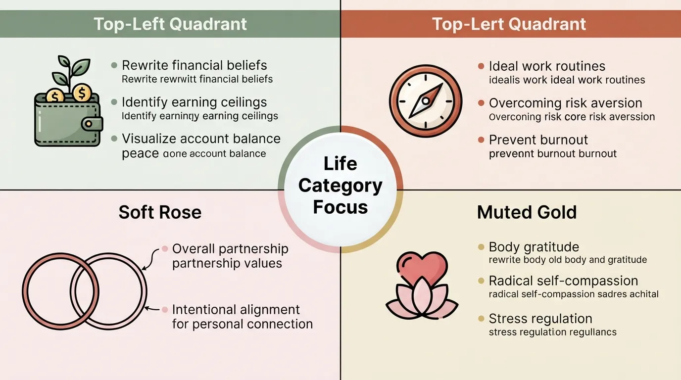 A comprehensive visual flowchart breaking down manifestation journal prompts into four distinct life categories: love and relationships, money and abundance, career and purpose, and health and self-worth.