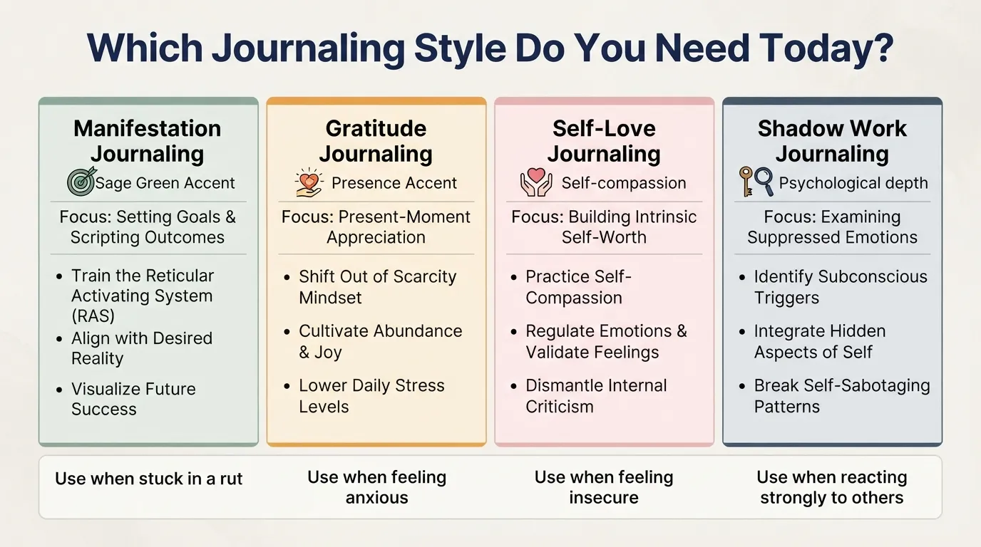 A clean comparison chart illustrating the differences between manifestation, gratitude, self-love, and shadow work journaling styles.